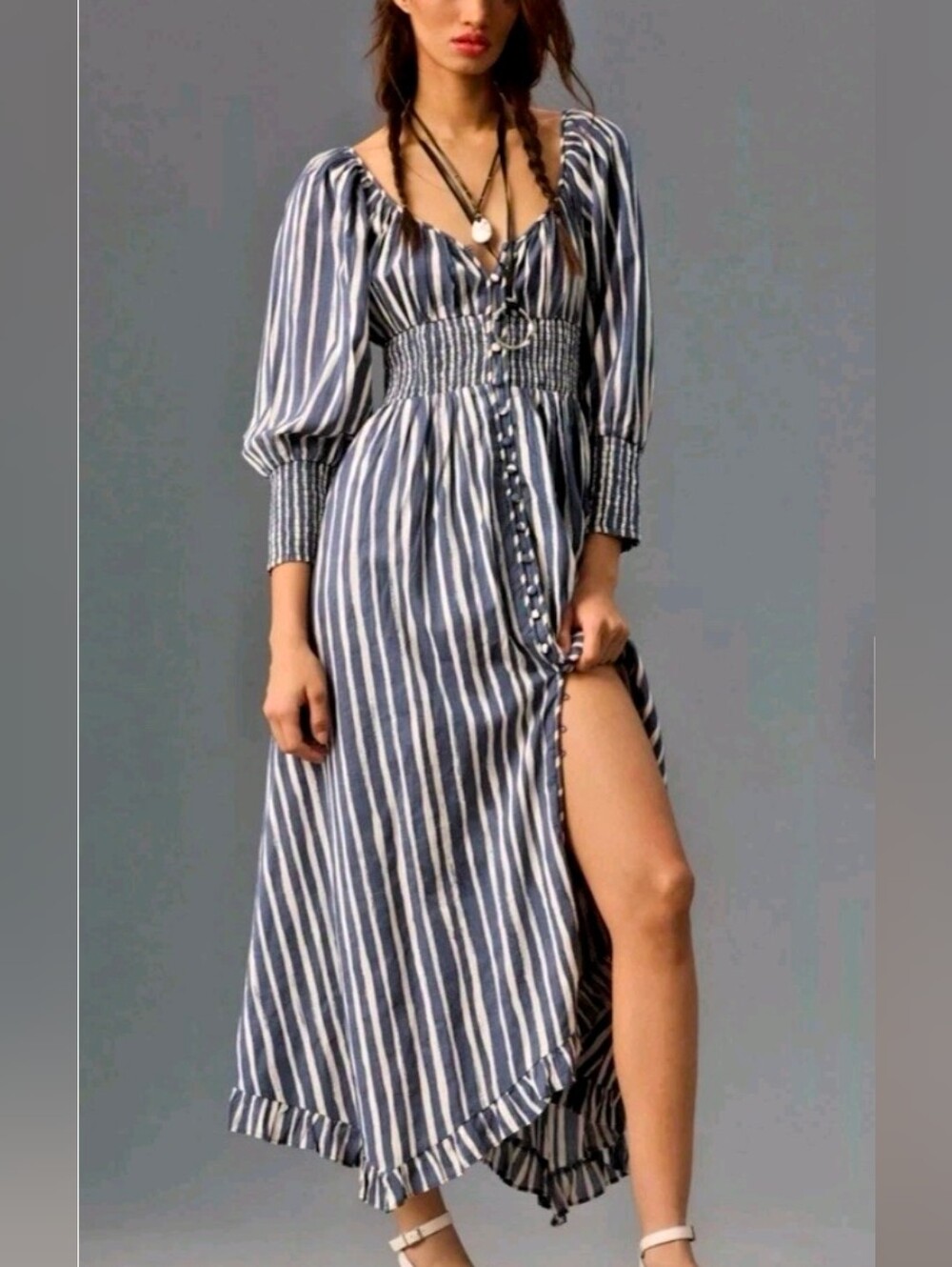 Anthropologie Striped Smocked Midi Dress Boho Coastal Cottage Dress XS-P